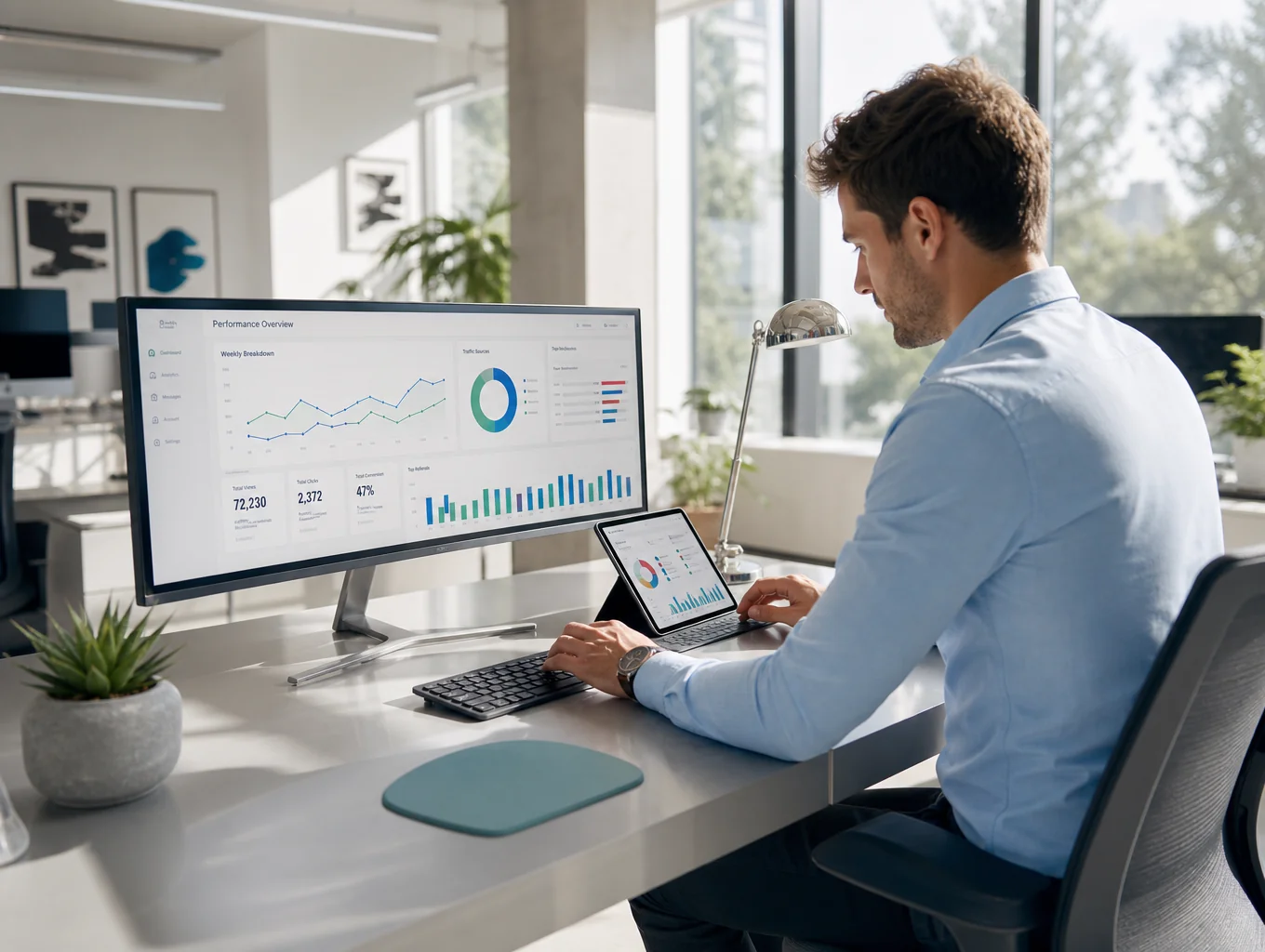 Professional reviewing a website dashboard in a bright architectural workspace